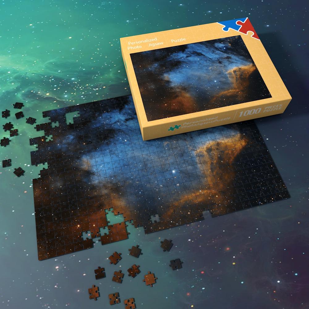 Space Themed Jigsaw Puzzle Starry Sky For Adults And Kids - Blue And Earthy Yellow Nebula