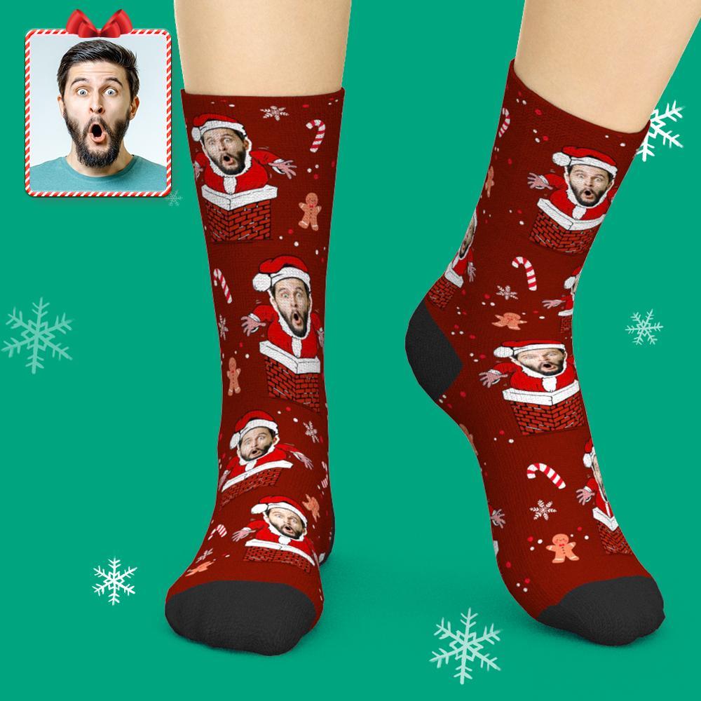 Custom Face Socks Add Pictures Christmas Socks - Santa Stuck In Chimney