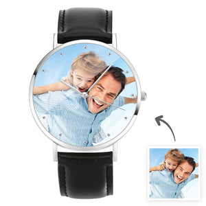 Father's Day Gifts - Custom Engraved Photo Watch With Black Leather Strap