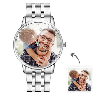 Father's Day Gift Custom Engraved Photo Watch Men's Silver Alloy Bracelet Birthday Gift For Dad